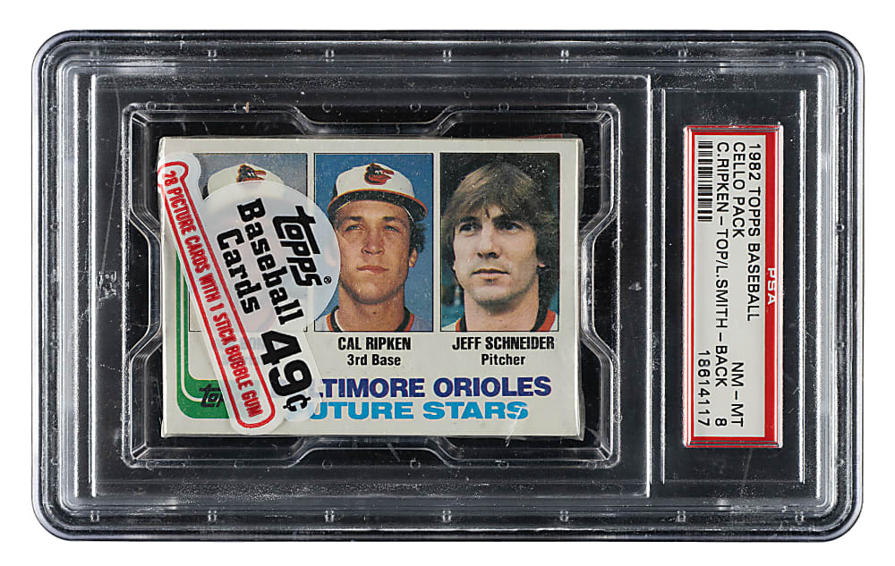 1982 Topps Unopened Cello Pack PSA NM-MT 8 - Cal Ripken Jr. Rookie on Top and Lee Smith Rookie on Back
