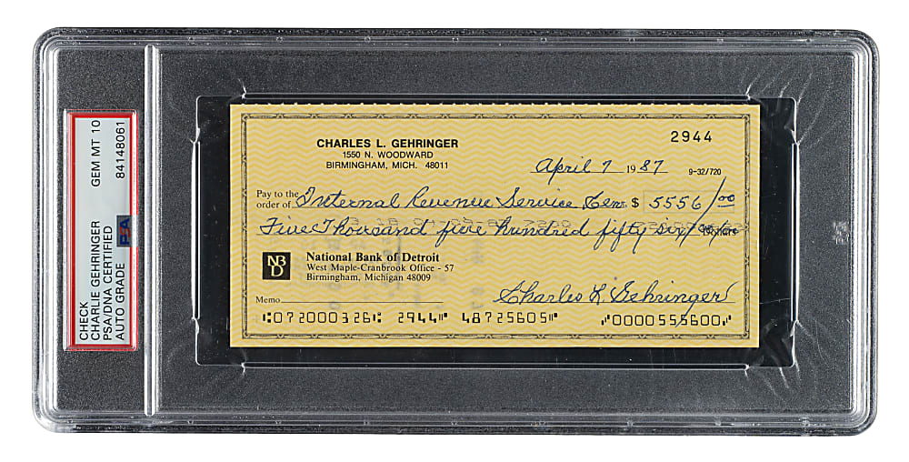 1987 Charlie Gehringer Signed Check PSA/DNA GEM MINT 10