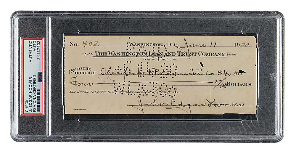 1920 John Edgar Hoover Signed Check - PSA/DNA