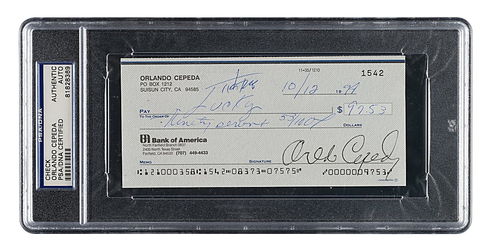 1994 Orlando Cepeda Signed Check - PSA/DNA