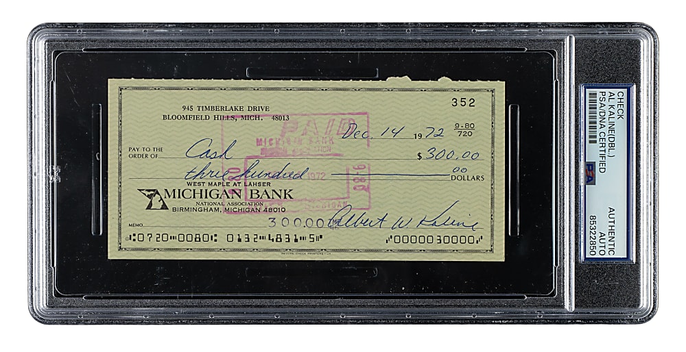 1972 Al Kaline Signed Check - PSA/DNA