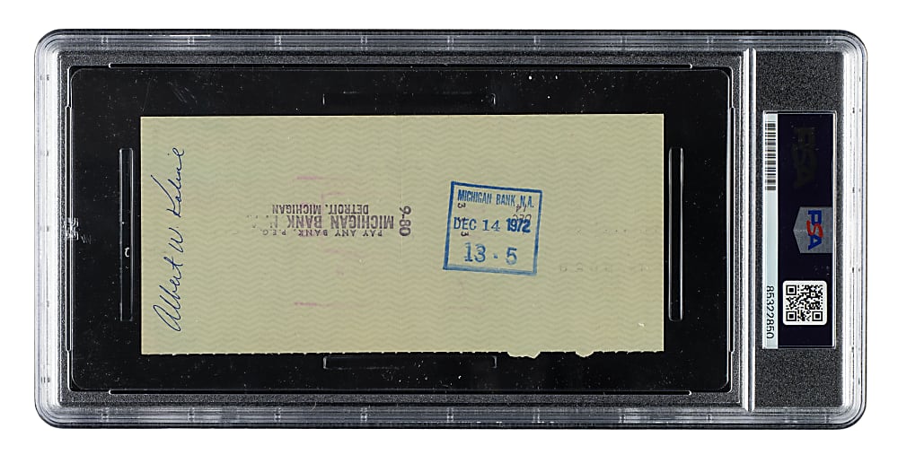 1972 Al Kaline Signed Check - PSA/DNA