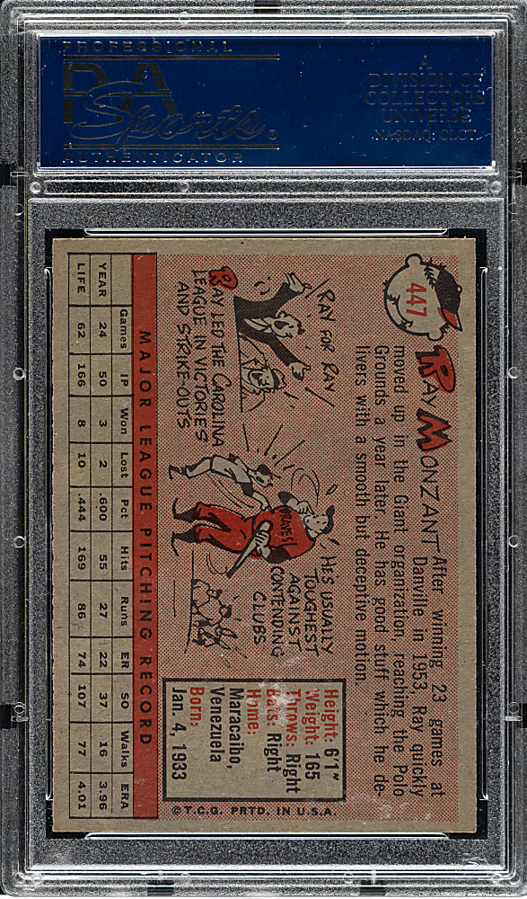 1958 Topps #447 Ray Monzant PSA NM-MT+ 8.5