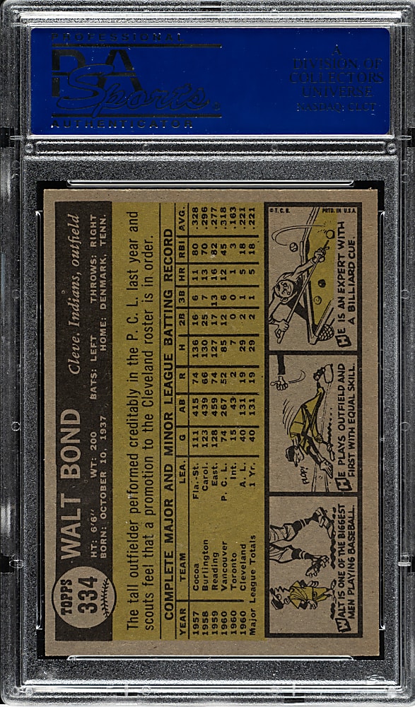 1961 Topps #334 Walt Bond PSA MINT 9