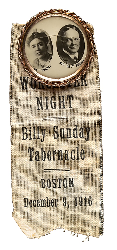 1916 Billy Sunday "Worcester Night - Boston" Pin with Ribbon