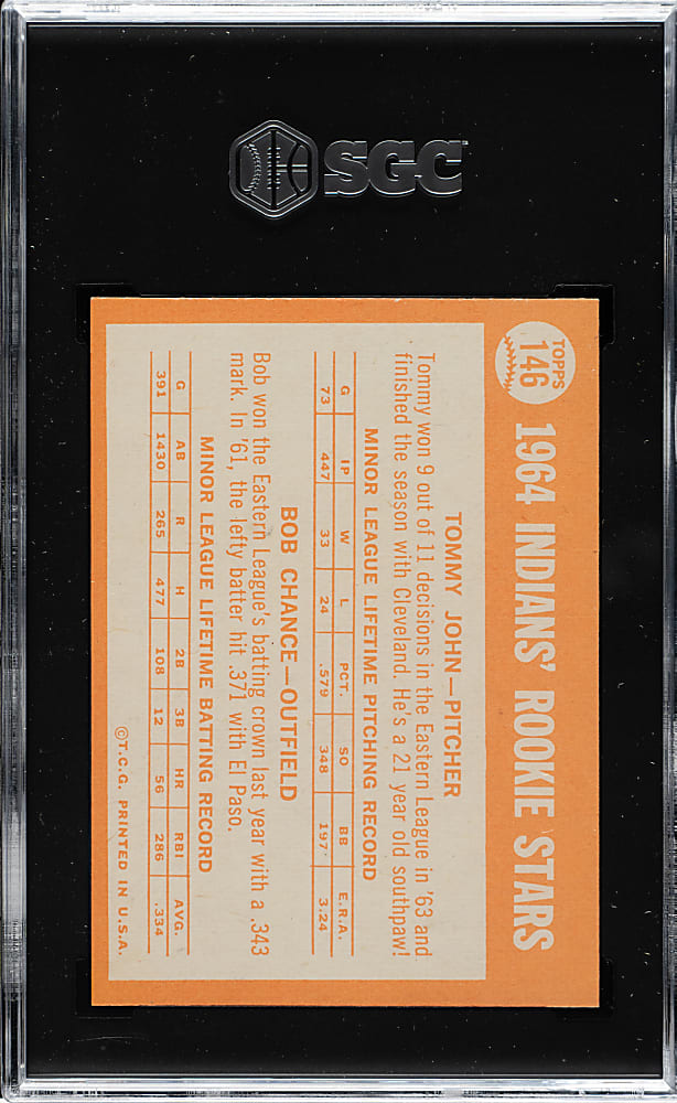 1964 Topps #146 Indians Rookie Stars with Tommy John SGC NM/MT 8