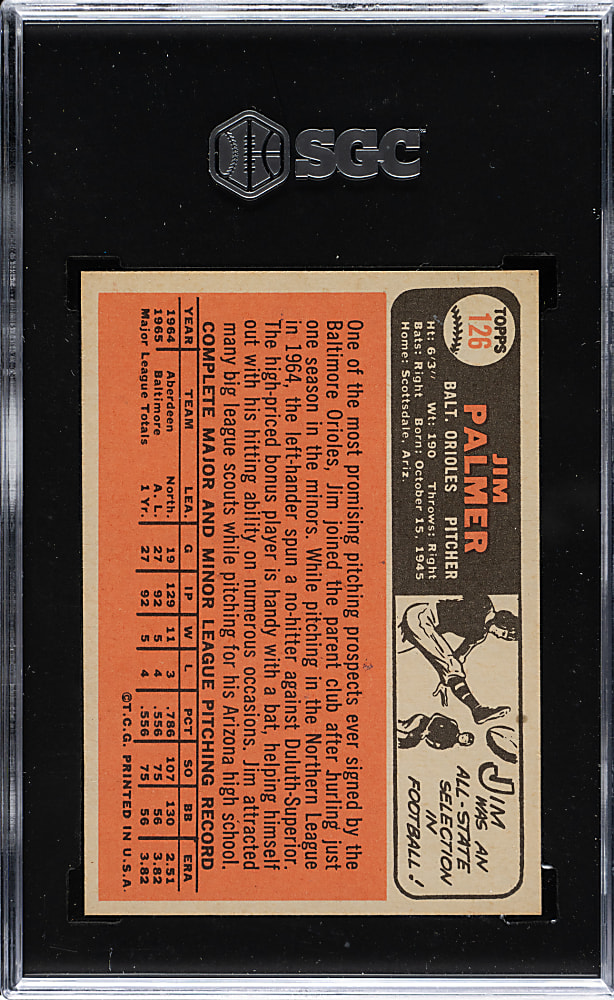 1966 Topps #126 Jim Palmer Rookie SGC NM/MT 8