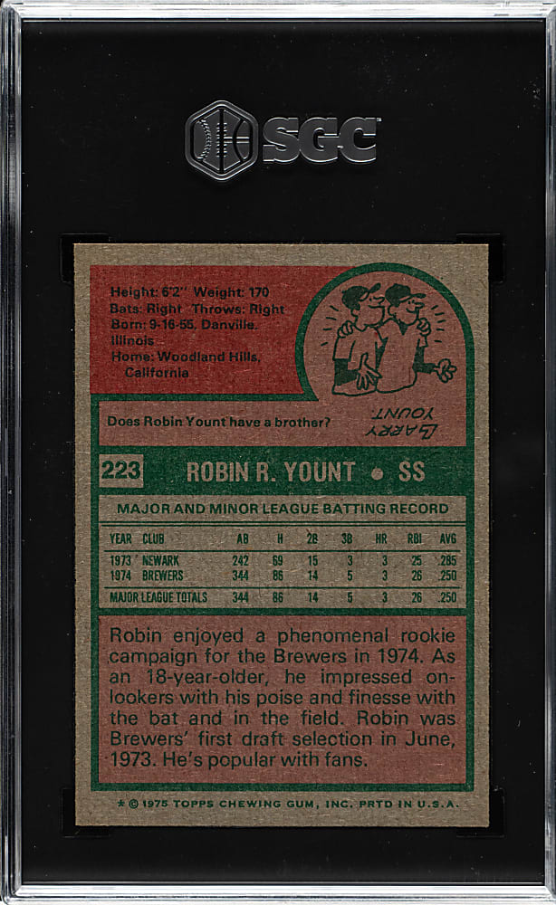 1975 Topps #223 Robin Yount Rookie SGC NM/MT+ 8.5