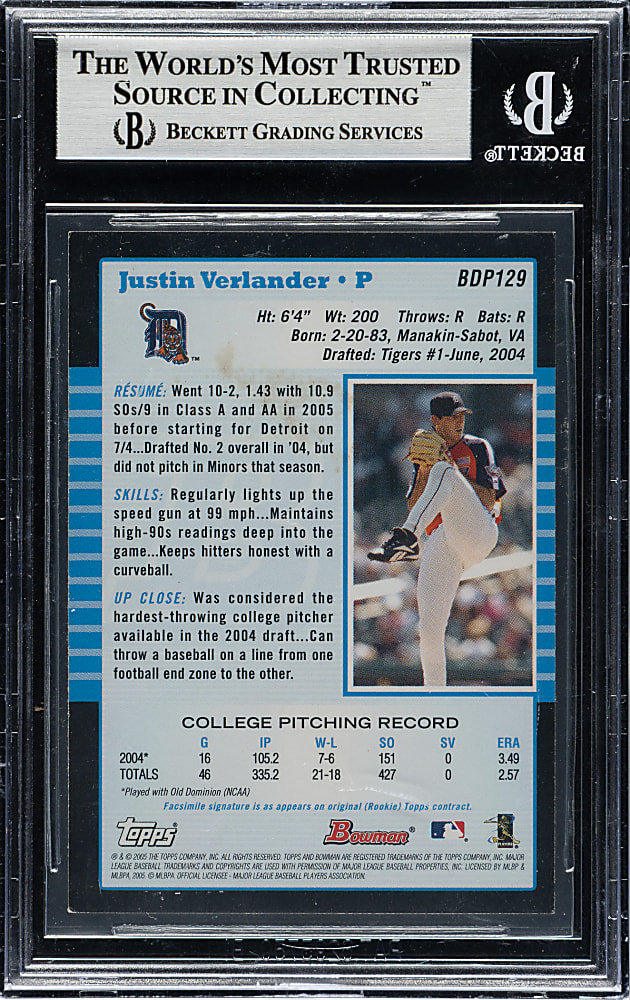 Signed 2005 Bowman Draft Picks #BDP129 Justin Verlander - Beckett