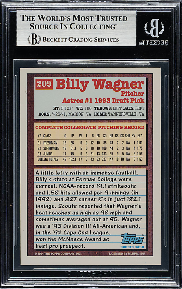 Signed 1994 Topps Gold #209 Billy Wagner - Beckett