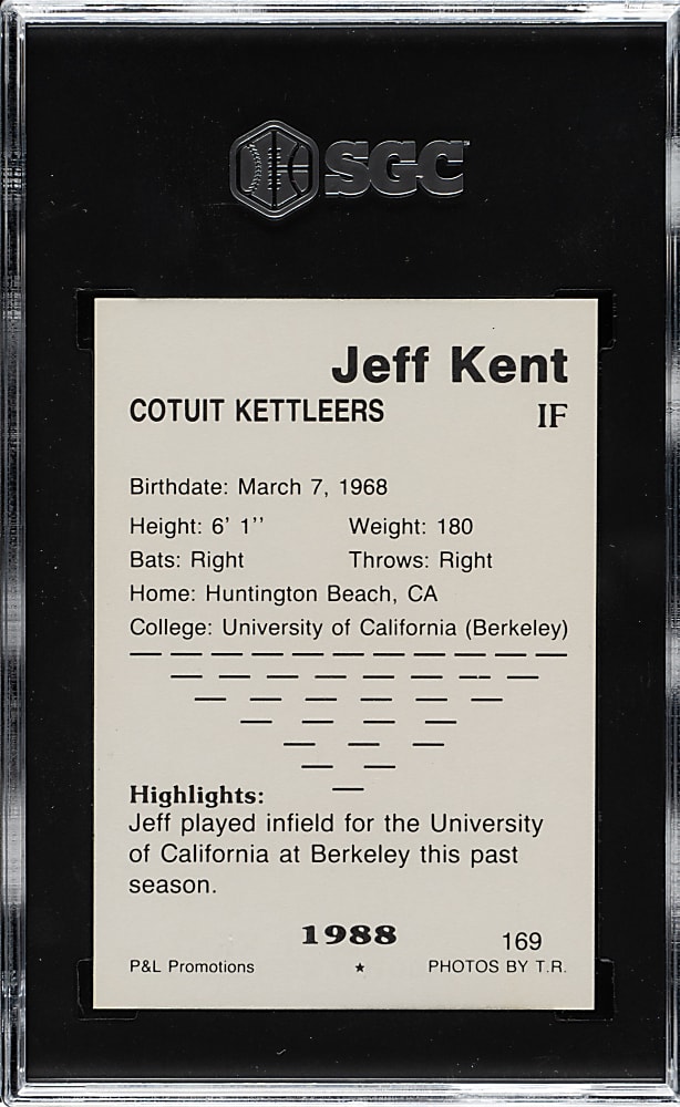 1988 P & L Promotions Cape Cod League #169 Jeff Kent SGC GEM MINT 10 - Pre-Rookie!