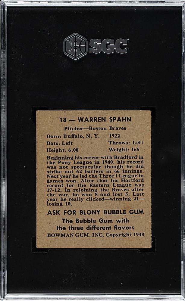 1948 Bowman #18 Warren Spahn Rookie SGC EX 5