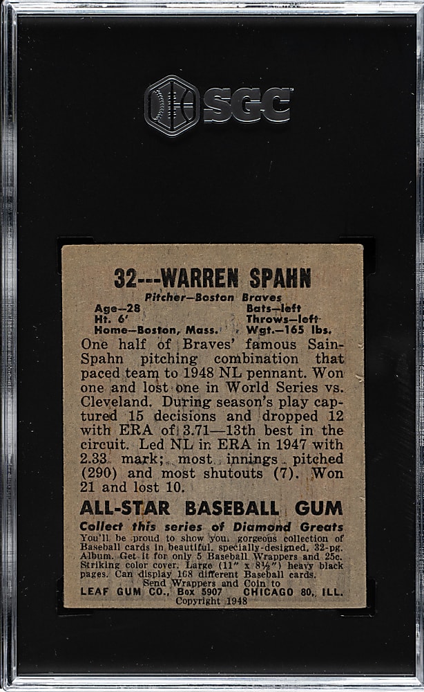 1948-1949 Leaf #32 Warren Spahn Rookie SGC VG 3