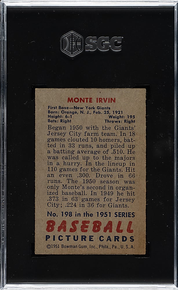 1951 Bowman #198 Monte Irvin Rookie SGC EX/NM 6