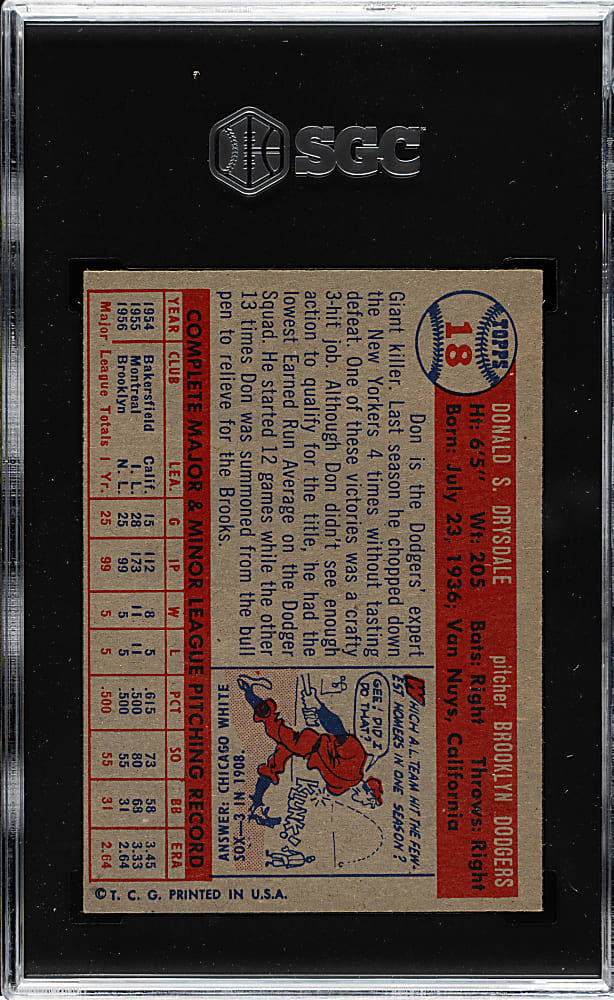 1957 Topps #18 Don Drysdale Rookie SGC NM 7