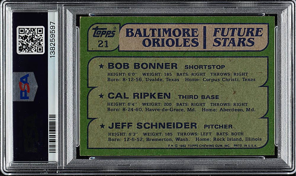 Signed 1982 Topps #21 Cal Ripken Jr. Rookie - PSA/DNA