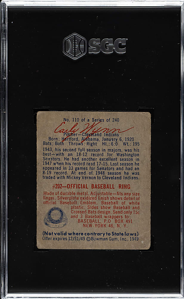 1949 Bowman #110 Early Wynn Rookie SGC GOOD 2