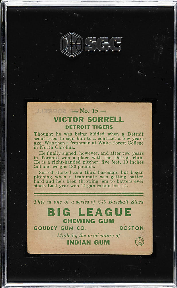 1933 R319 Goudey #15 Victor Sorrell SGC VG 3