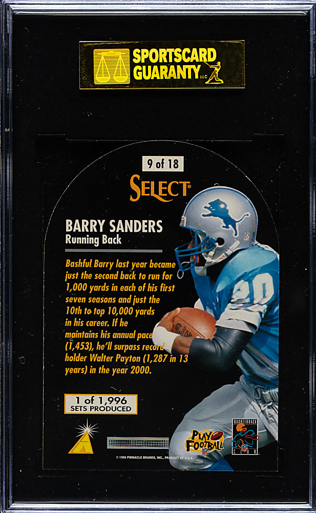 1996 Score Select Prime Cuts Football #9 Barry Sanders SGC MINT 96 - Numbered to 1,996