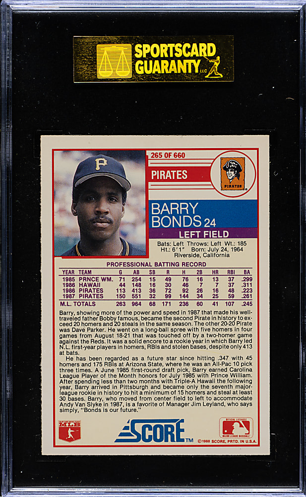 1988 Score Glossy #265 Barry Bonds SGC MINT 96