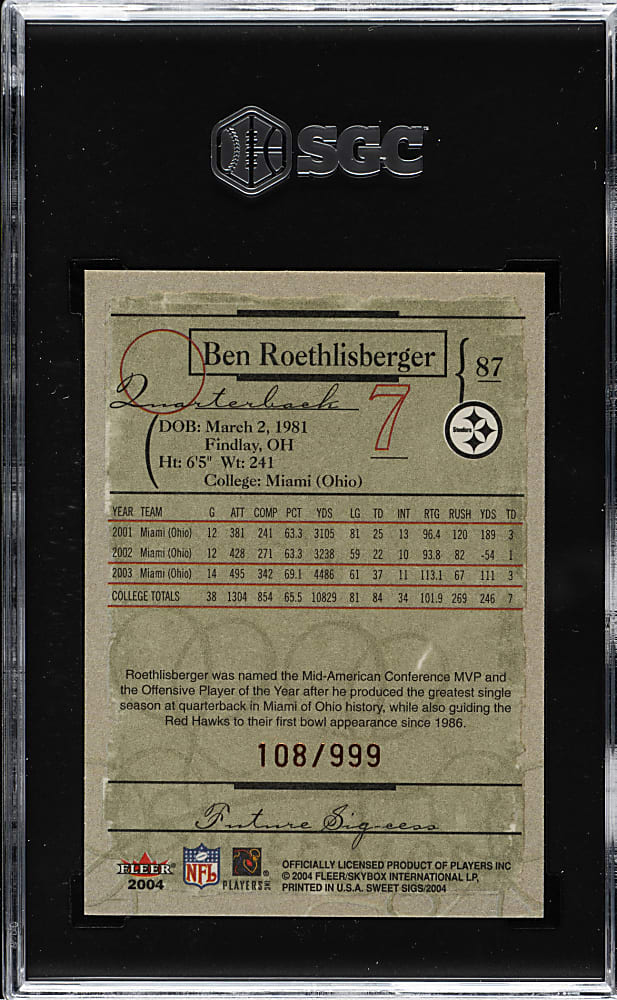 2004 Fleer Sweet Sigs Football #87 Ben Roethlisberger Rookie #108/999 SGC MINT 9