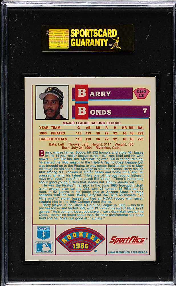 1986 Sportflics Rookies #13 Barry Bonds SGC GEM MINT 98