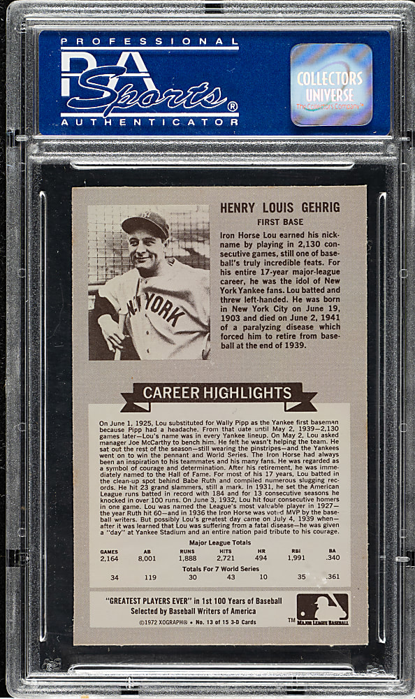 1972 Kellogg's 3-D All-Time Greats #13 Lou Gehrig PSA NM-MT 8