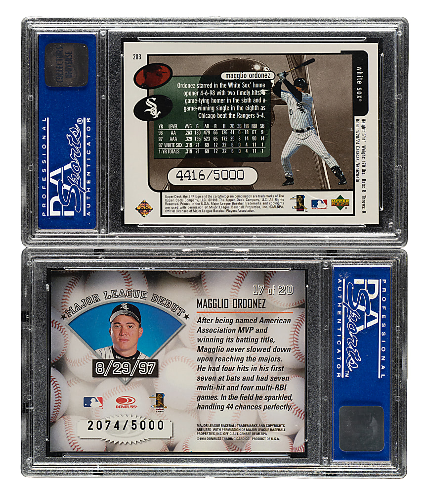1998 Upper Deck SPx Finite and Donruss Leaf Rookies & Stars Freshman Orientation Magglio Ordonez Rookie PSA NM-MT 8 Pair - Both Numbered to 5,000
