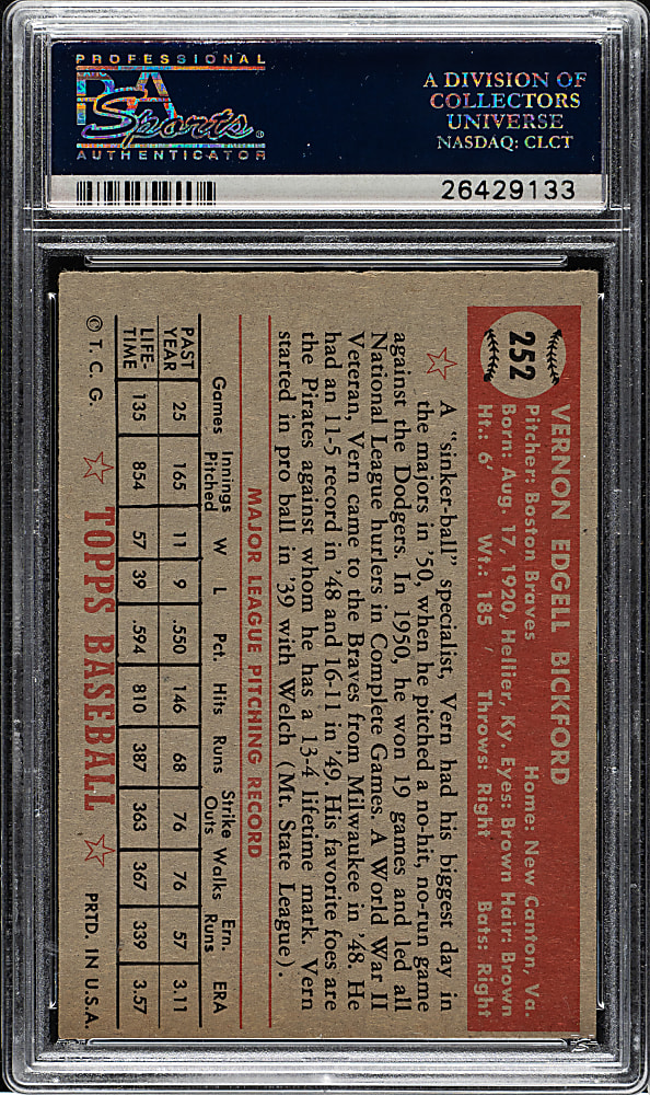1952 Topps #252 Vern Bickford PSA EX-MT 6