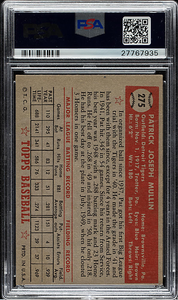 1952 Topps #275 Pat Mullin PSA EX-MT 6