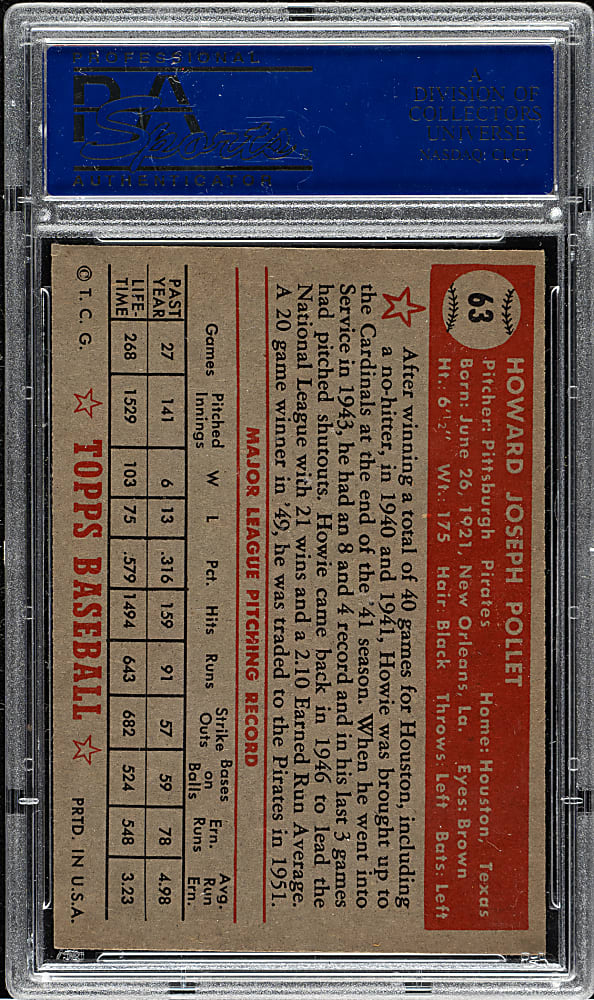 1952 Topps #63 Howie Pollet PSA EX-MT 6