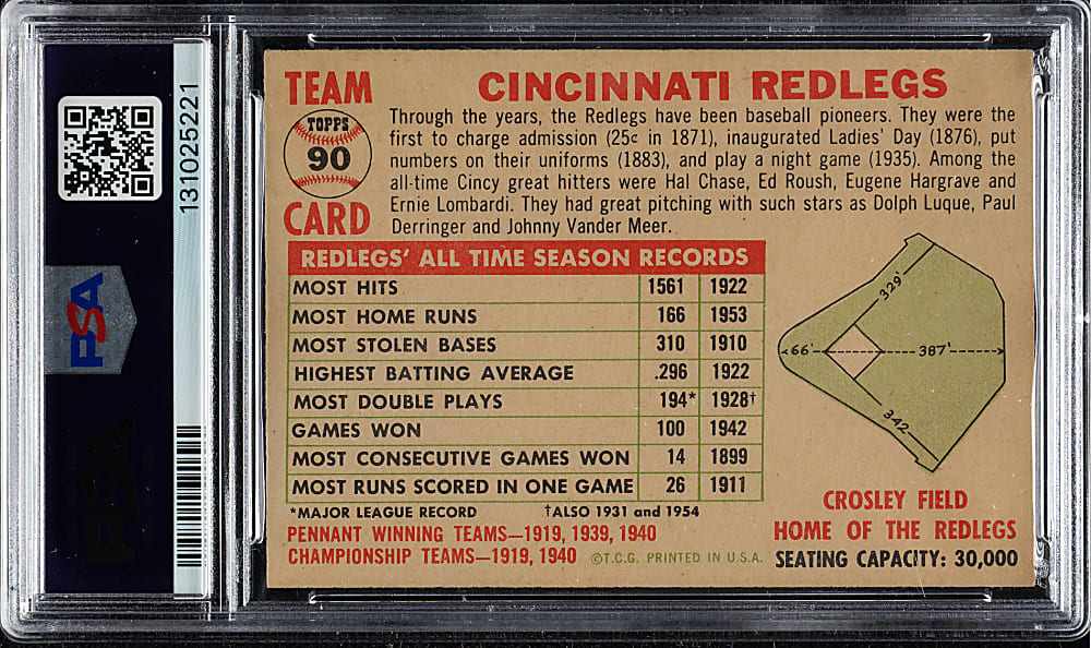 1956 Topps #90 Redlegs Team With Date White Back PSA EX-MT 6