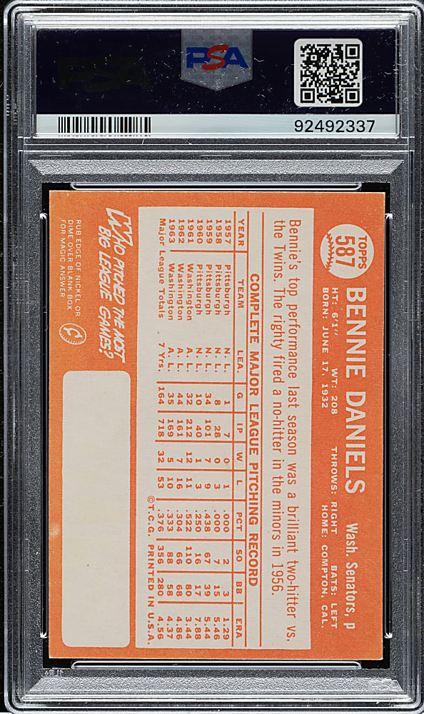 1964 Topps #587 Bennie Daniels PSA MINT 9