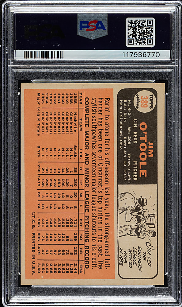 1966 Topps #389 Jim O'Toole PSA MINT 9