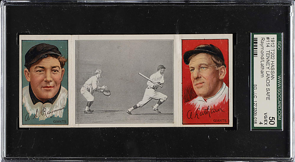 1912 T202 Hassan Triple Folder "Tenney Lands Safely" Raymond/Latham SGC VG/EX 50