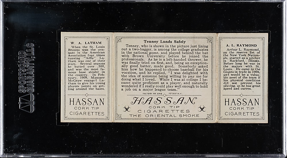 1912 T202 Hassan Triple Folder "Tenney Lands Safely" Raymond/Latham SGC VG/EX 50