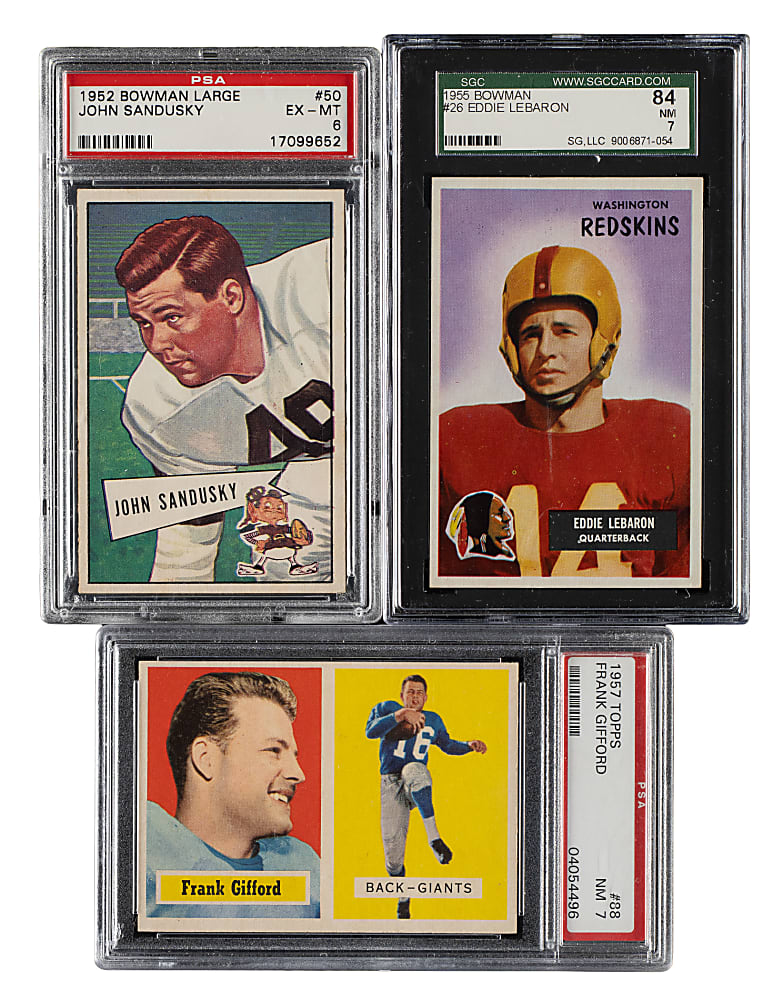 1952 to 1957 Topps and Bowman Football SGC- and PSA-Graded Trio: Frank Gifford, John Sandusky, and Eddie Lebaron