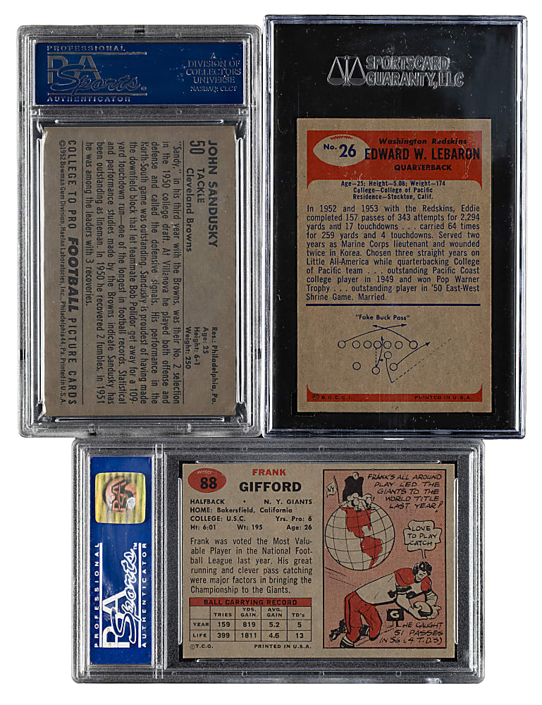 1952 to 1957 Topps and Bowman Football SGC- and PSA-Graded Trio: Frank Gifford, John Sandusky, and Eddie Lebaron