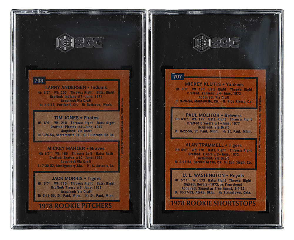 1978 Topps #703 Jack Morris Rookie and #707 Paul Molitor/Alan Trammell Rookie SGC-Graded Pair