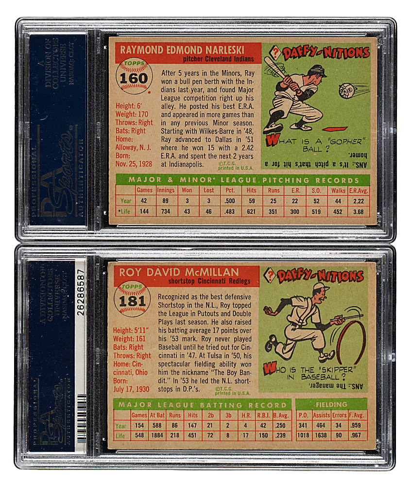 1955 Topps #160 Ray Narleski and #181 Roy McMillan PSA EX-MT 6 Pair