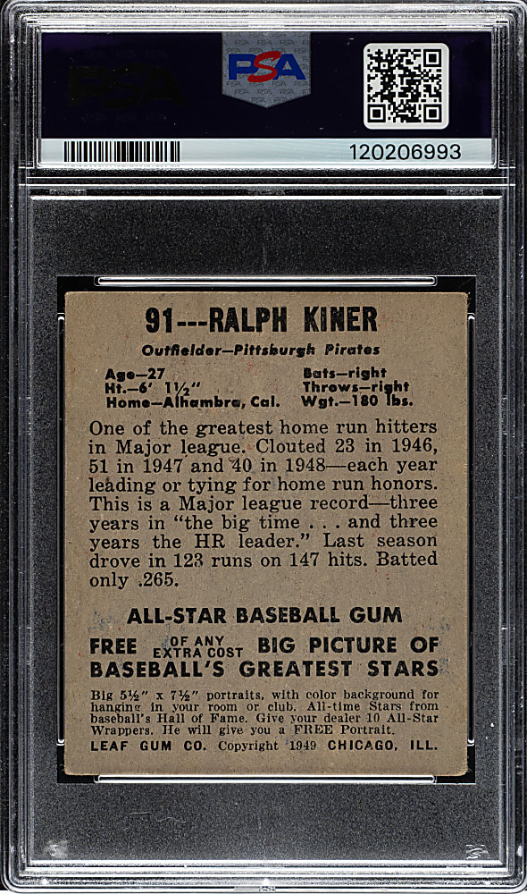 1948-1949 Leaf #91 Ralph Kiner Rookie PSA VG 3