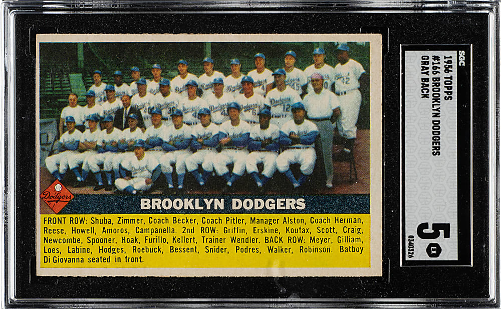 1956 Topps #166 Brooklyn Dodgers Team Gray Back SGC EX 5