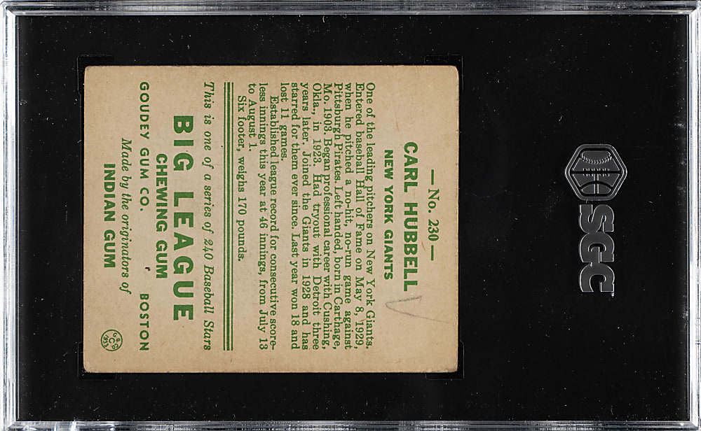 1933 R319 Goudey #230 Carl Hubbell SGC FAIR 1.5