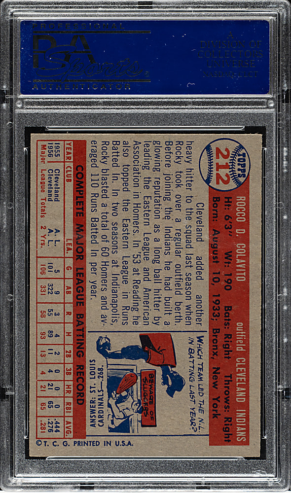 1957 Topps #212 Rocco Colavito PSA EX-MT 6