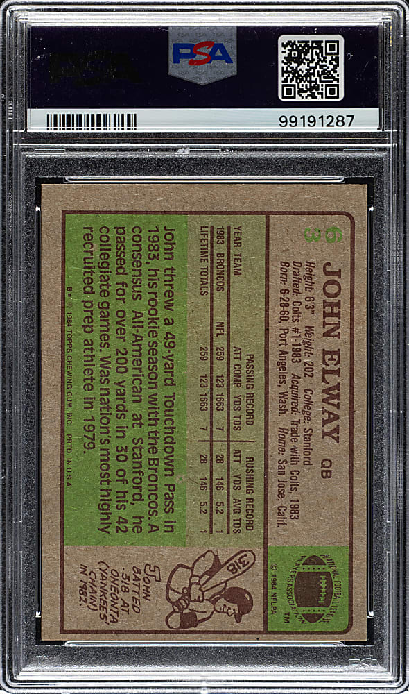1984 Topps Football #63 John Elway Rookie PSA EX-MT 6