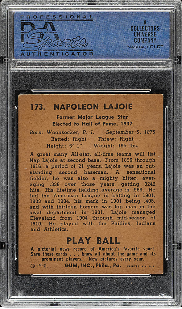 1940 R335 Play Ball #173 Nap Lajoie PSA EX 5
