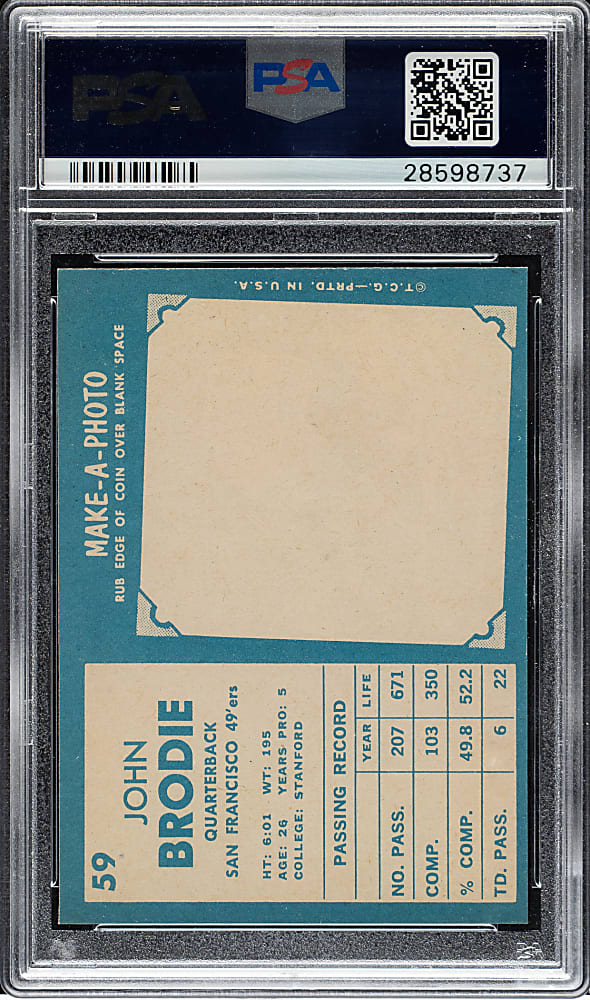 1961 Topps Football #59 John Brodie Rookie PSA NM-MT 8