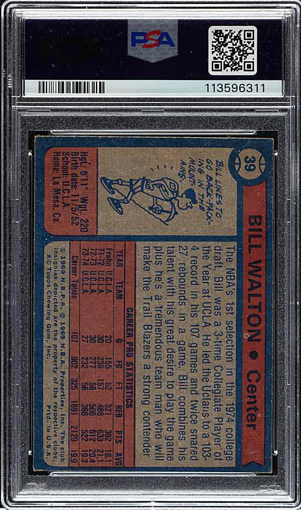 1974-1975 Topps Basketball #39 Bill Walton Rookie PSA VG-EX 4
