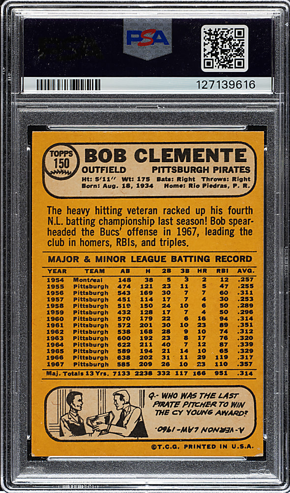 1968 Topps #150 Roberto Clemente PSA VG-EX 4