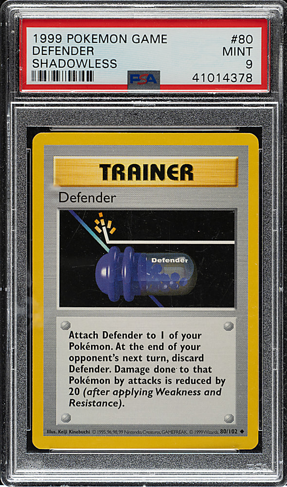 1999 Pokemon Base Set Shadowless #90 Defender PSA MINT 9